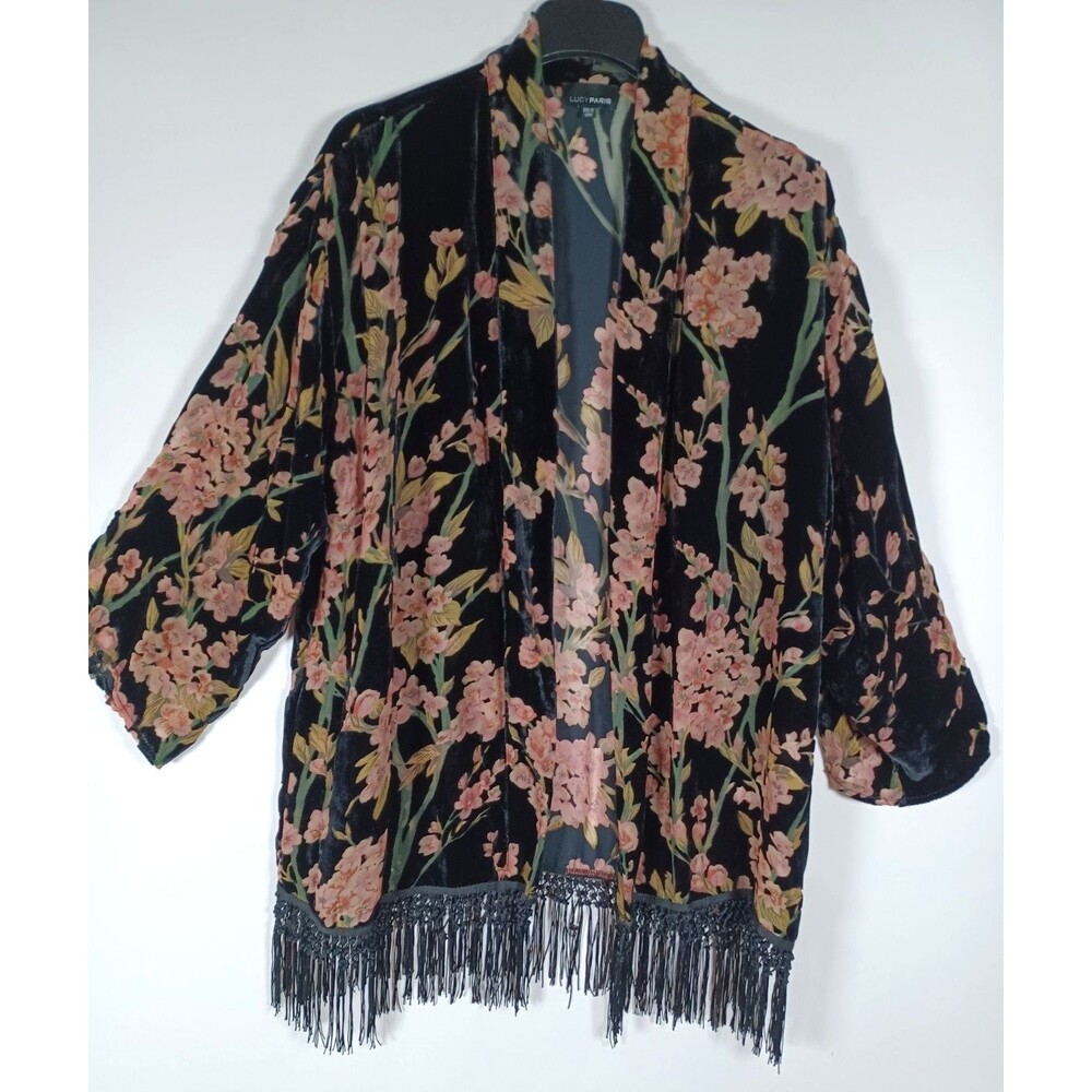 Lucy Paris Cardigan Velvet Burnout Asian Floral Fringe‎ Medium Whimsigoth Fairy